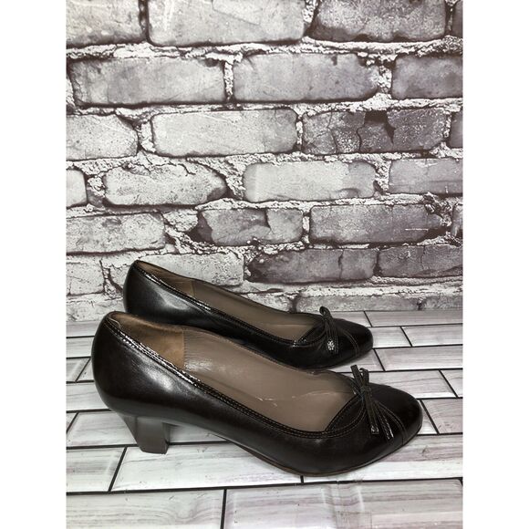 GIORGIA B. Brown Leather Patent Bow Pumps Dress Heels Women’s Sz 38EU/7.5M US - Picture 1 of 16